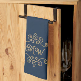 Vintages Gold & Navy Blue-Elegant-Monogramm Geblüh Geschirrtuch