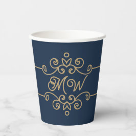 Vintages Gold & Navy Blue-Elegant-Monogramm Geblüh Pappbecher