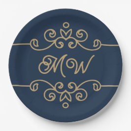 Vintages Gold & Navy Blue-Elegant-Monogramm Geblüh Pappteller