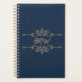Vintages Gold & Navy Blue-Elegant-Monogramm Geblüh Planer