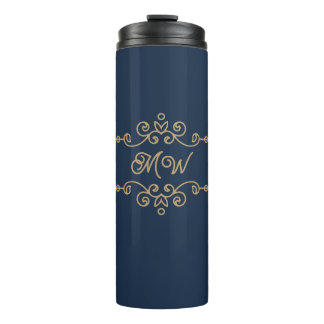 Vintages Gold & Navy Blue-Elegant-Monogramm Geblüh Thermosbecher