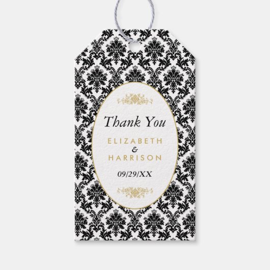 Vintages Gold, Schwarz und Weiß Damaskus Hochzeits Geschenkanhänger (Vorderseite)