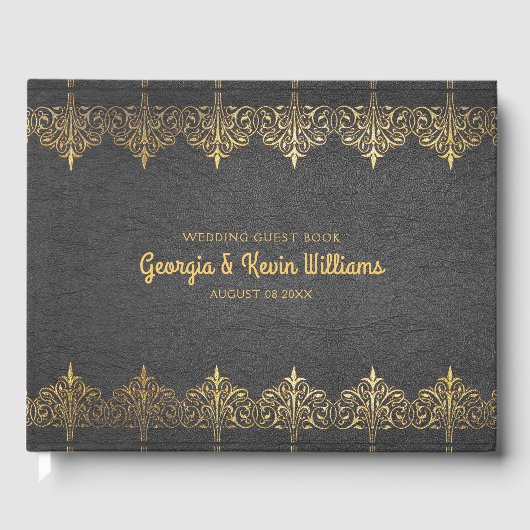 Vintages Gold-Spitzen-Bänder aus schwarzem Leder Gästebuch (Vorderseite)