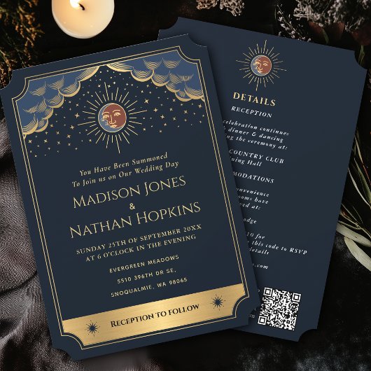 Vintages Gold Sun Moon Tarot Hochzeitsstichtag QR- Einladung