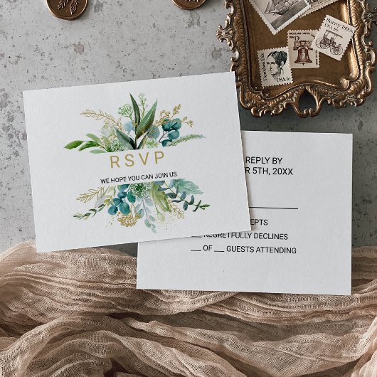 Vintages Gold und grüne Eukalyptus Wedding Rsvp