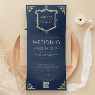 Vintages Gold Wappen QR Code Navy Blue Wedding Dreifach Gefaltete Einladung