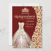 Vintages Goldkleid Damask tiara Quinceañera Einladung (Vorderseite)