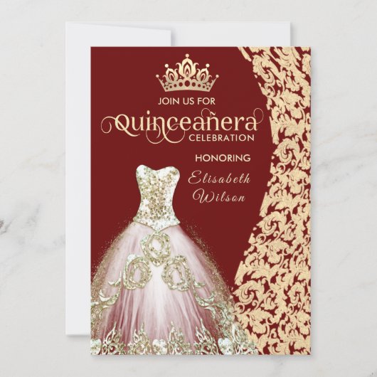 Vintages Goldkleid Damask tiara Quinceañera Einladung (Vorderseite)