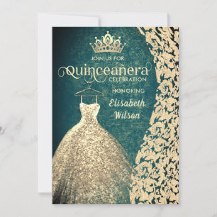 Vintages Goldkleid Damask tiara Quinceañera grün Einladung