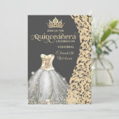 Vintages Goldkleid Damask tiara Quinceañera Inv Einladung (Stehend Vorderseite)