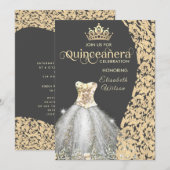 Vintages Goldkleid Damask tiara Quinceañera Inv Einladung (Vorne/Hinten)