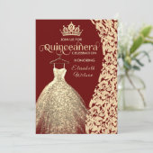 Vintages Goldkleid Damask tiara Quinceañera Rot Einladung (Stehend Vorderseite)