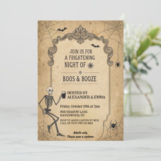 Vintages Gotisches Skelett - Erwachsenes Halloween Einladung (Stehend Vorderseite)