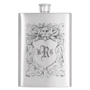 Vintages graviertes heraldisches Wappen-Monogramm Flachmann
