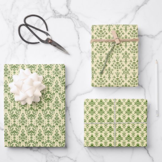 Vintages Green Damask Muster auf hellbeige Geschenkpapier Set (Vorderseite)