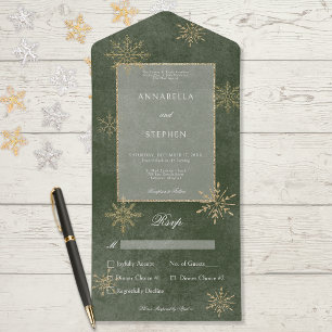 Vintages Green & Gold Glitzer Snowflakes Abendesse All In One Einladung