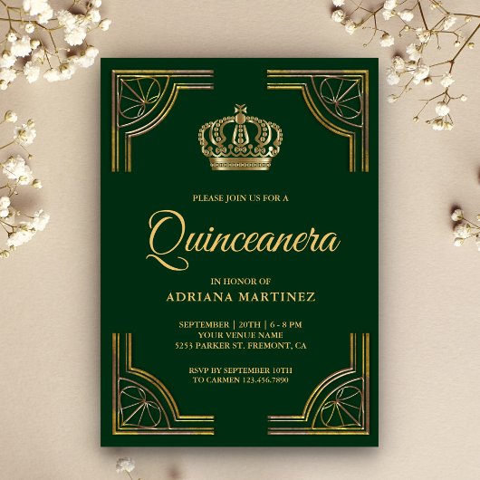 Vintages Green Gold Verziert Crown Quinceanera Einladung