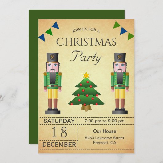 Vintages Green Nutcracker Weihnachts-Party Einladung (Vorne/Hinten)