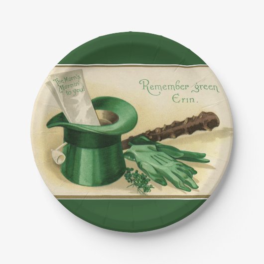 Vintages Green Top Hat Gloves Pipe Kleeblatt Pappteller (Vorderseite)
