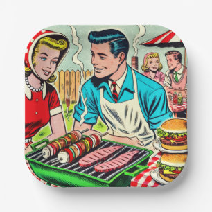Vintages Grillrestaurant Couple Comic Pappteller