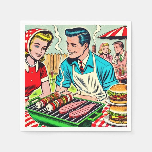 Vintages Grillrestaurant Couple Comic Serviette (Vorderseite)