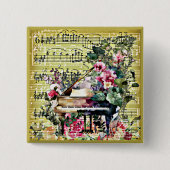 Vintages Großpiano- und Blumendesign Button (Vorderseite)