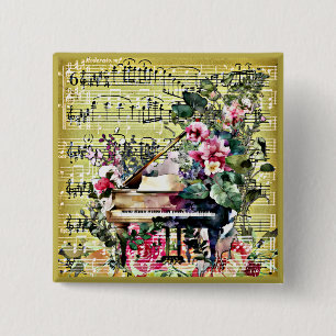 Vintages Großpiano- und Blumendesign Button