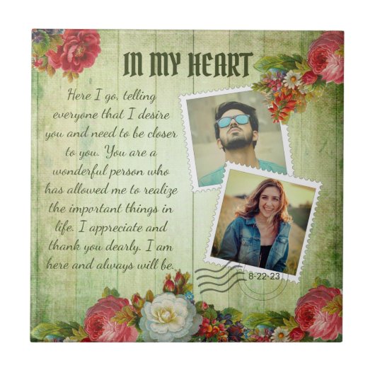 Vintages Grün-Holz-Blumenromantik-Liebe Fliese (Vorderseite)