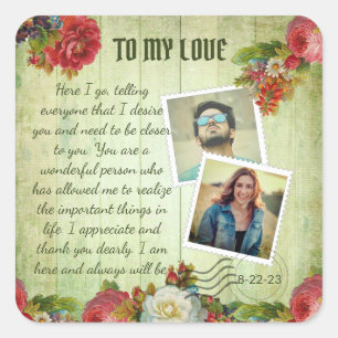 Vintages Grün-Holz-Blumenromantik-Liebe Quadratischer Aufkleber