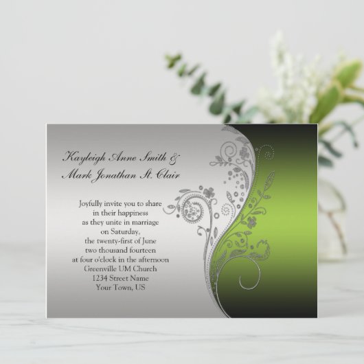 Vintages Grün-Schwarz-Silber-Hochzeitsempfang Einladung (Stehend Vorderseite)