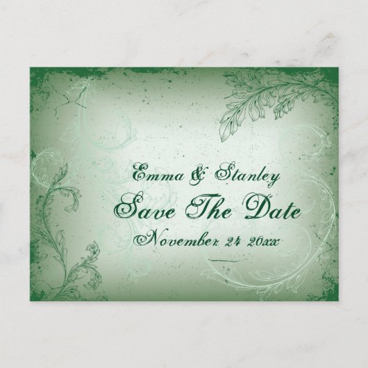 Vintages grünes Blätterblatt Save the Date Ankündigungspostkarte (Vorderseite)