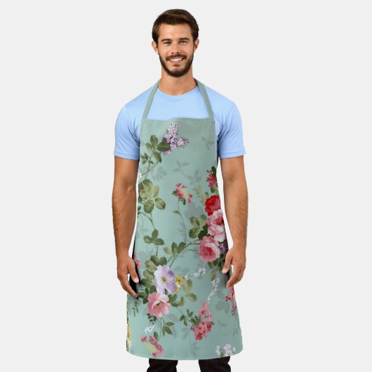 Vintages Grünes Blumendesign Schürze (Getragen)