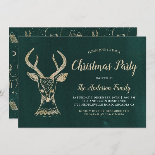 Vintages Grünes Goldwald Hirschweifen Party Einladung (Vorne/Hinten)