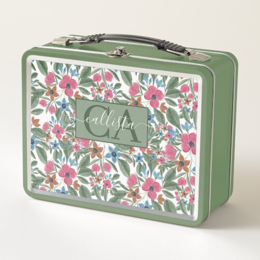 Vintages grünes Pink blaues Aquarellmuster Metall Brotdose (Vorderseite)