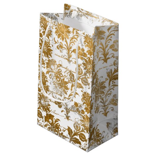 Vintages Grunge White Gold Damask Blumenmuster Kleine Geschenktüte (Rückseite Schrägansicht)