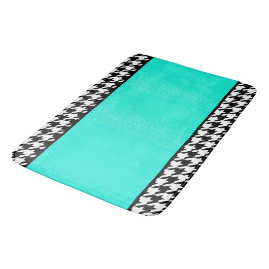 Vintages Hahnentrittmuster, aquamarin und weiß Badematte (Schrägansicht)