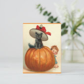 Vintages Halloween Black Cat Hexenhut Pumpkin Baby Postkarte (Stehend Vorderseite)