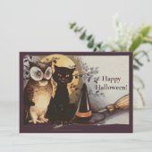 Vintages Halloween Black Cat & Owl Hexenhut Moon (Stehend Vorderseite)