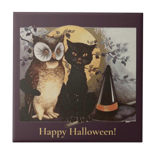 Vintages Halloween Black Cat & Owl Hexenhut Moon Fliese (Vorderseite)