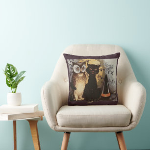 Vintages Halloween Black Cat & Owl Hexenhut Moon Kissen