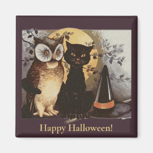 Vintages Halloween Black Cat & Owl Hexenhut Moon Magnet