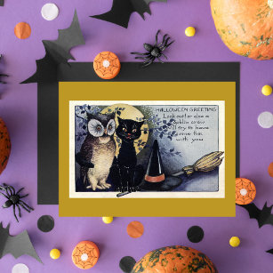 Vintages Halloween Black Cat & Owl Hexenhut Moon Postkarte