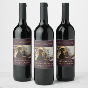 Vintages Halloween Black Cat & Owl Hexenhut Moon Weinetikett