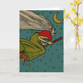 Vintages Halloween, böse Hexe, die auf Broomstick Karte (Gelbe Blume)