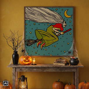 Vintages Halloween, böse Hexe, die auf Broomstick Poster