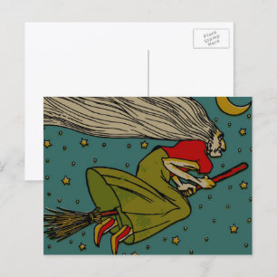 Vintages Halloween, böse Hexe, die auf Broomstick  Postkarte