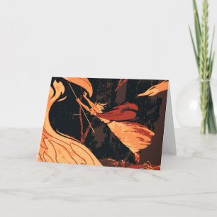 Vintages Halloween, böse Hexe mit Feuer im Wald Karte