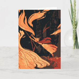 Vintages Halloween, böse Hexe mit Feuer im Wald Karte