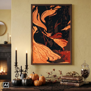 Vintages Halloween, böse Hexe mit Feuer im Wald Poster
