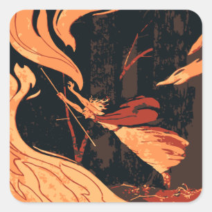 Vintages Halloween, böse Hexe mit Feuer im Wald Quadratischer Aufkleber